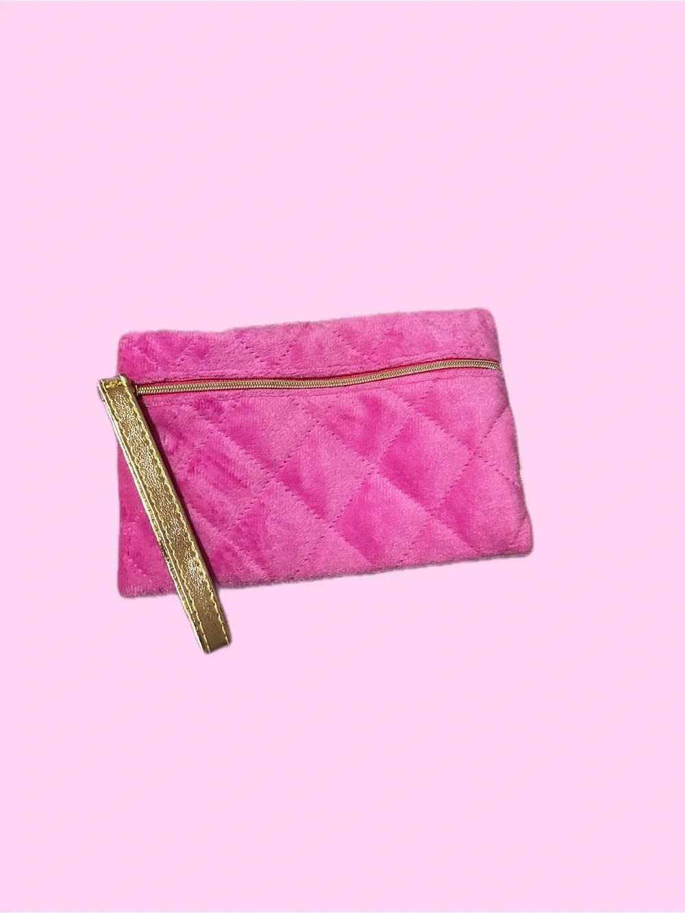 Plush Quilted Pink Wristlet Clutch with Gold Accent
